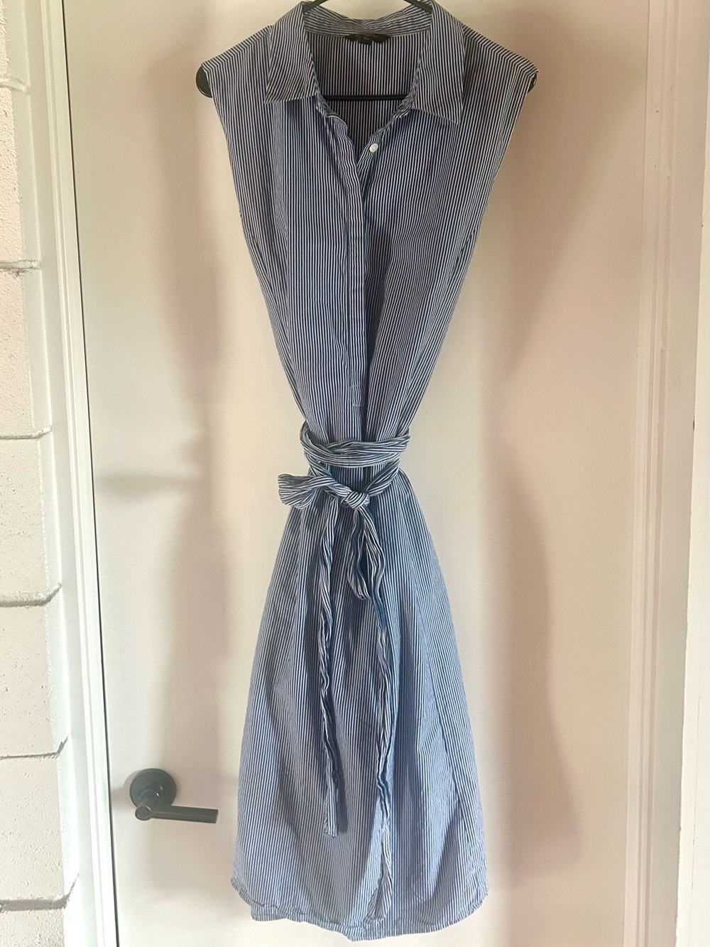 Banana Republic Blue and White Pinstripe Sleeveless Midi Shirt Dress